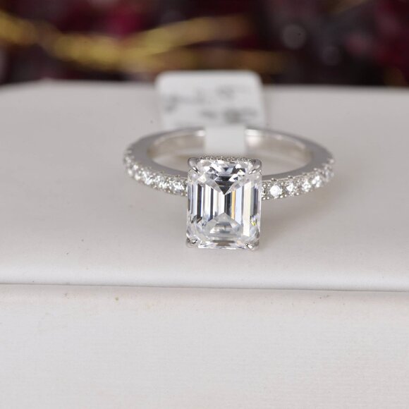 Certified 4.6ct Emerald Cut with Hidden Halo Moissanite Ring 925 Sterling - Picture 15 of 16